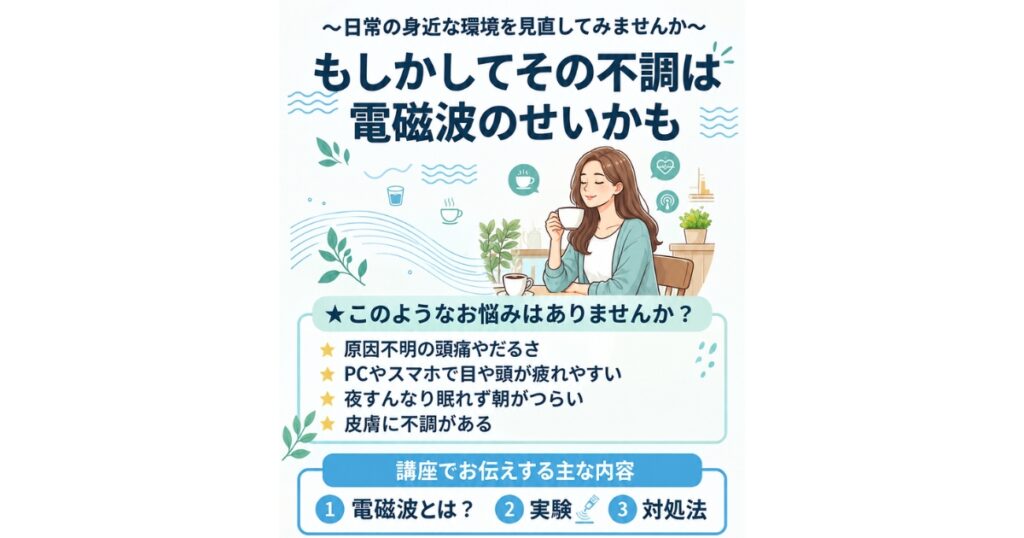 電磁波講座のポスター「もしかしてその不調は電磁波のせいかも」2026年10月25日 カフェゆあのあ